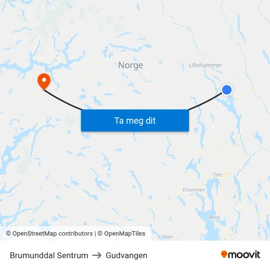 Brumunddal Sentrum to Gudvangen map