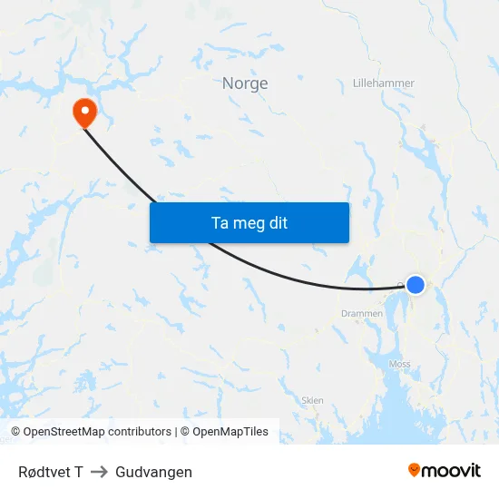 Rødtvet T to Gudvangen map