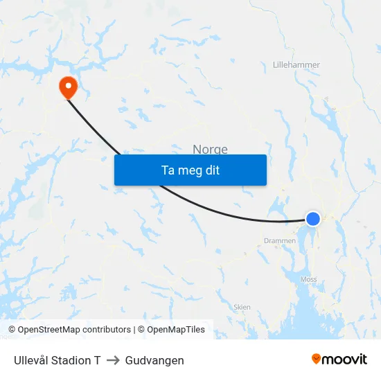 Ullevål Stadion T to Gudvangen map