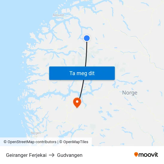 Geiranger Ferjekai to Gudvangen map