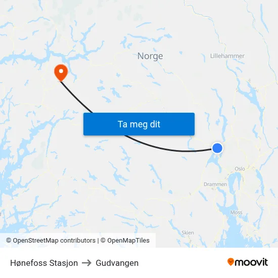 Hønefoss Stasjon to Gudvangen map