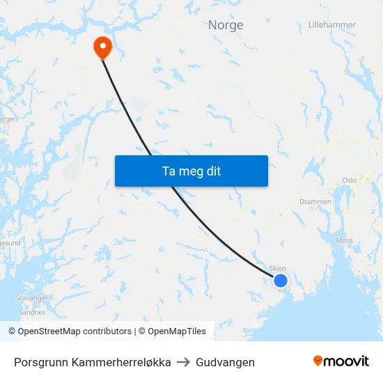 Porsgrunn Kammerherreløkka to Gudvangen map