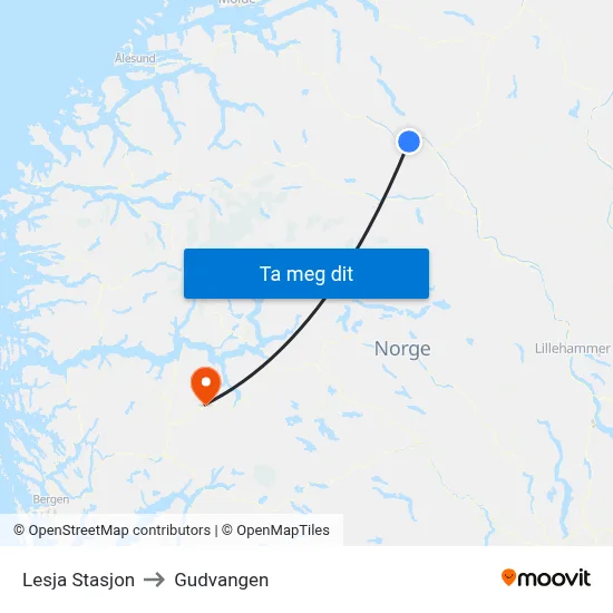 Lesja Stasjon to Gudvangen map