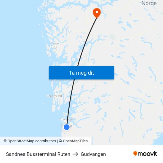 Sandnes Bussterminal Ruten to Gudvangen map
