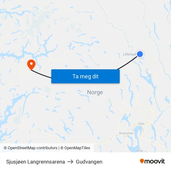 Sjusjøen Langrennsarena to Gudvangen map