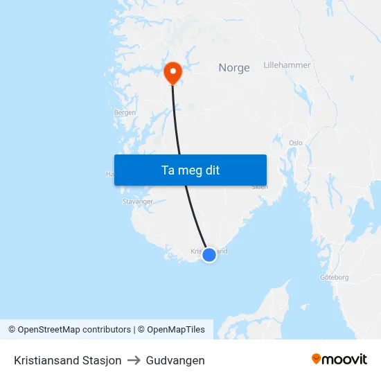 Kristiansand Stasjon to Gudvangen map