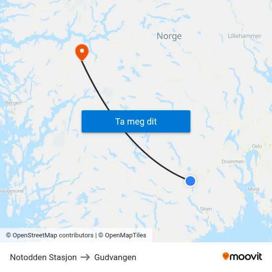Notodden Stasjon to Gudvangen map