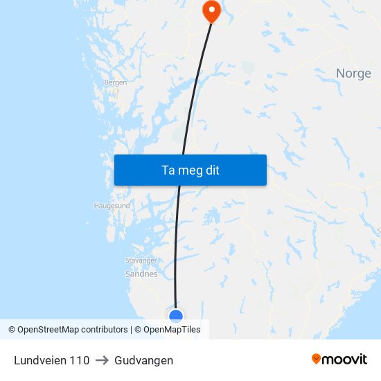 Lundveien 110 to Gudvangen map