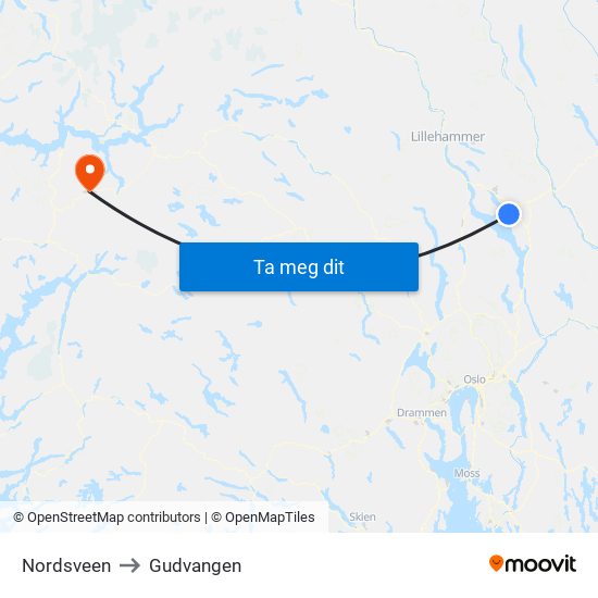 Nordsveen to Gudvangen map
