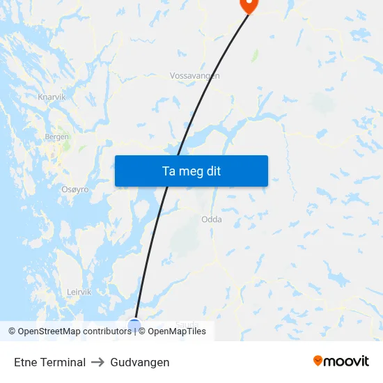 Etne Terminal to Gudvangen map
