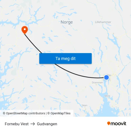 Fornebu Vest to Gudvangen map