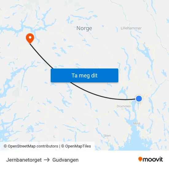 Jernbanetorget to Gudvangen map