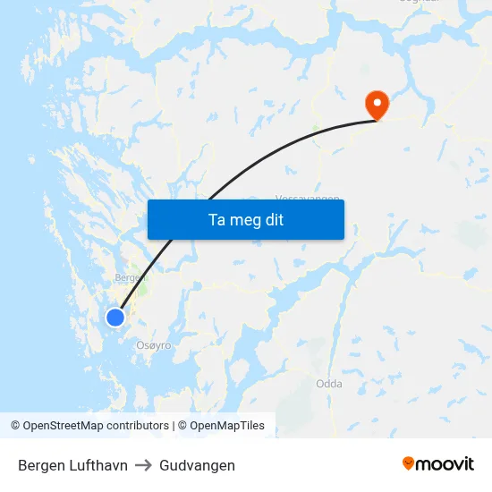 Bergen Lufthavn to Gudvangen map