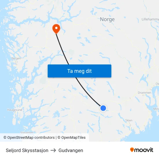 Seljord Skysstasjon to Gudvangen map