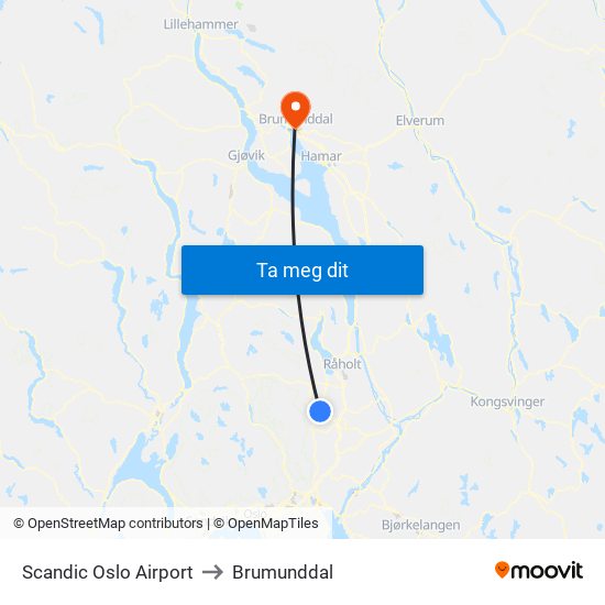 Scandic Oslo Airport to Brumunddal map