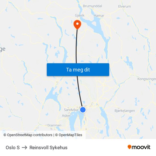 Oslo S to Reinsvoll Sykehus map