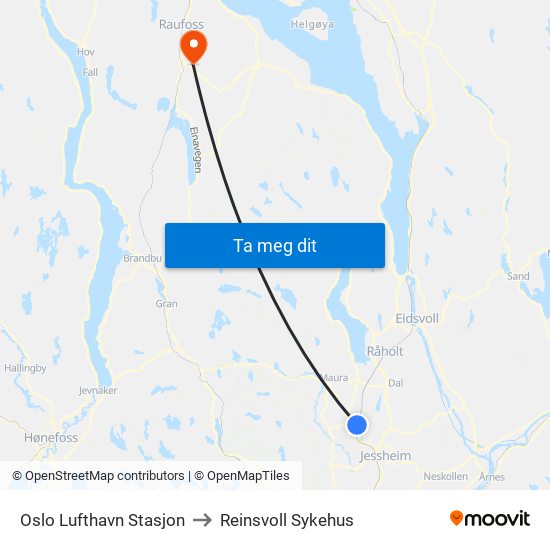 Oslo Lufthavn Stasjon to Reinsvoll Sykehus map