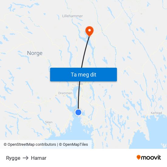 Rygge to Hamar map