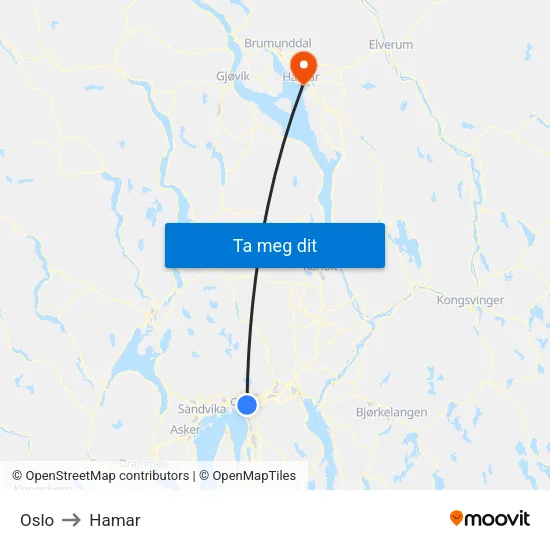 Oslo to Hamar map