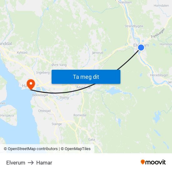 Elverum to Hamar map