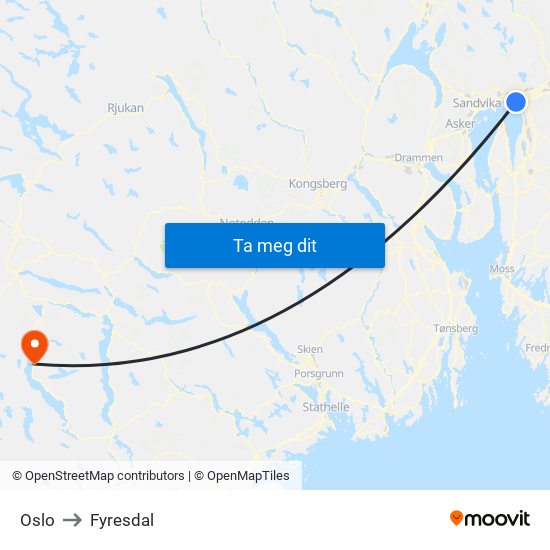 Oslo to Fyresdal map