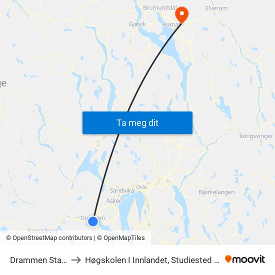 Drammen Stasjon to Høgskolen I Innlandet, Studiested Blæstad map