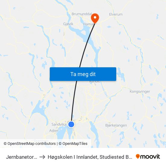 Jernbanetorget to Høgskolen I Innlandet, Studiested Blæstad map