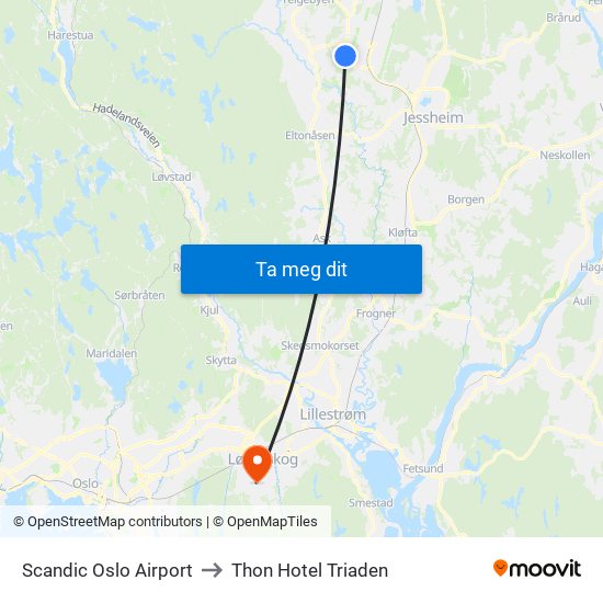 Scandic Oslo Airport to Thon Hotel Triaden map