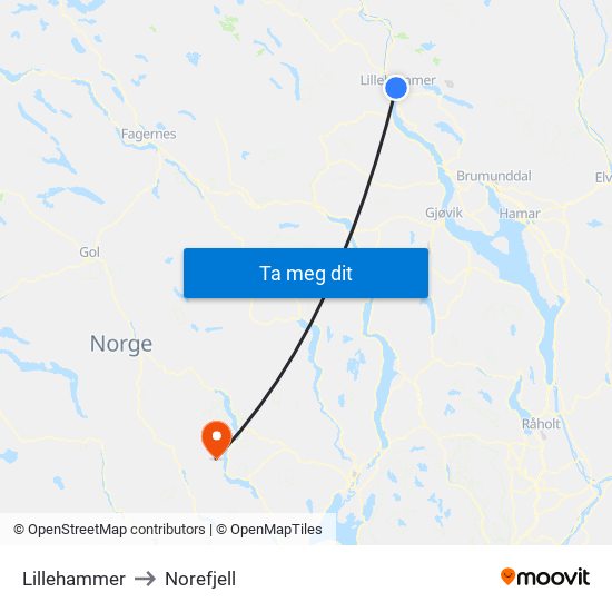 Lillehammer to Norefjell map
