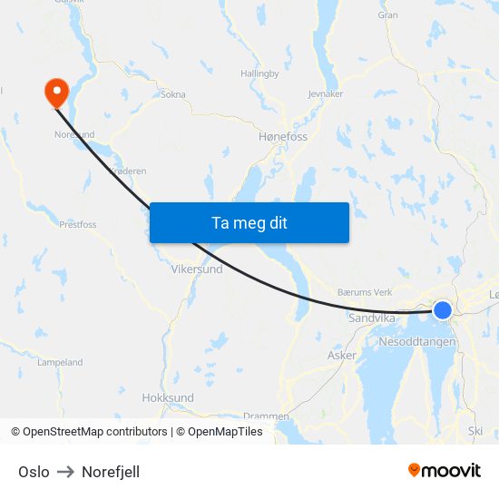 Oslo to Norefjell map