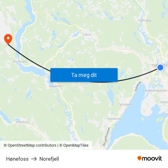 Hønefoss to Norefjell map