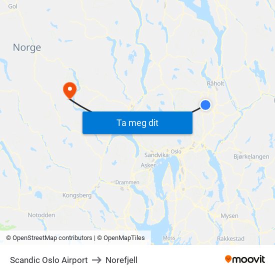 Scandic Oslo Airport to Norefjell map