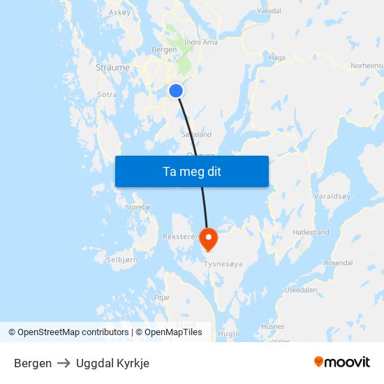Bergen to Uggdal Kyrkje map