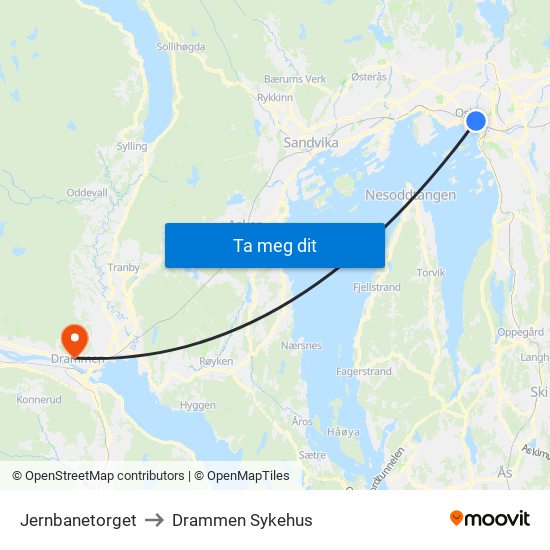 Jernbanetorget to Drammen Sykehus map