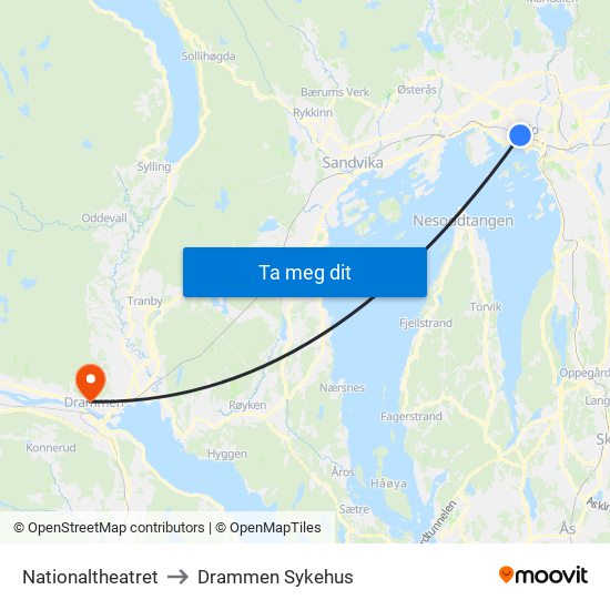 Nationaltheatret to Drammen Sykehus map