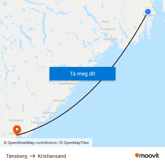 Tønsberg to Kristiansand map