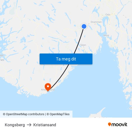 Kongsberg to Kristiansand map