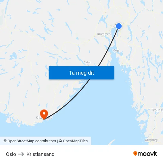 Oslo to Kristiansand map