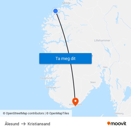 Ålesund to Kristiansand map