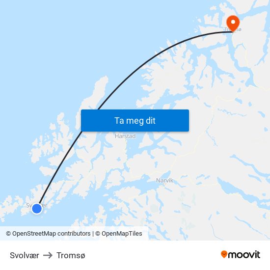 Svolvær to Tromsø map