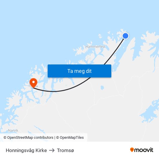 Honningsvåg Kirke to Tromsø map