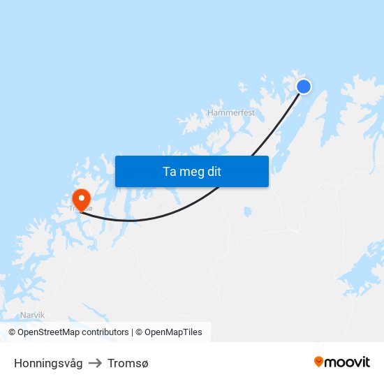 Honningsvåg to Tromsø map