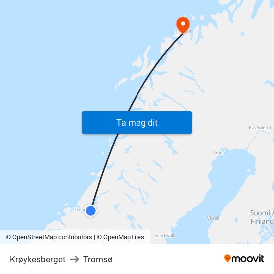 Krøykesberget to Tromsø map