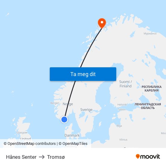 Hånes Senter to Tromsø map
