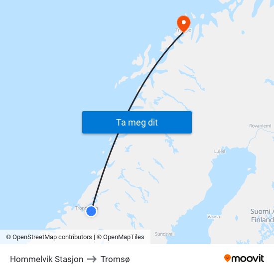 Hommelvik Stasjon to Tromsø map