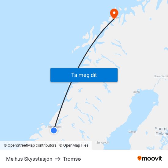 Melhus Skysstasjon to Tromsø map