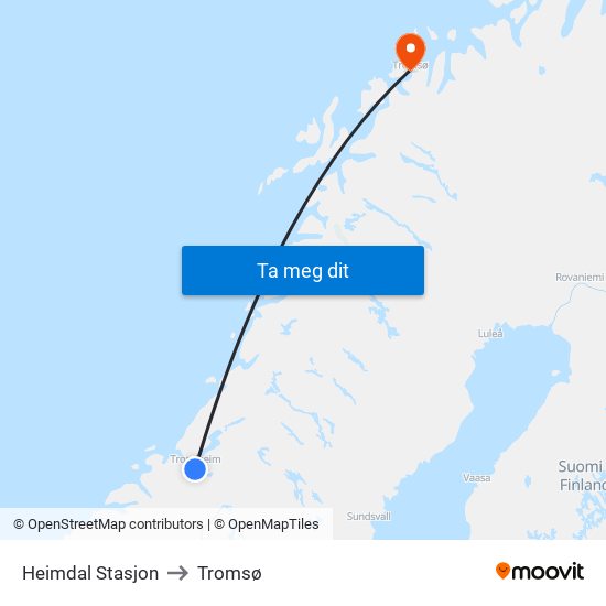 Heimdal Stasjon to Tromsø map