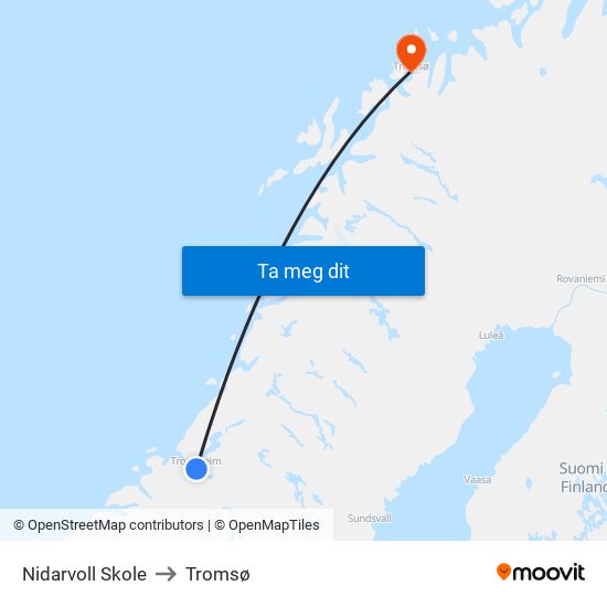 Nidarvoll Skole to Tromsø map