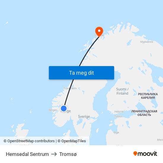 Hemsedal Sentrum to Tromsø map