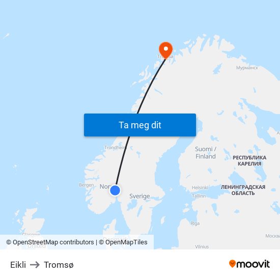 Eikli to Tromsø map